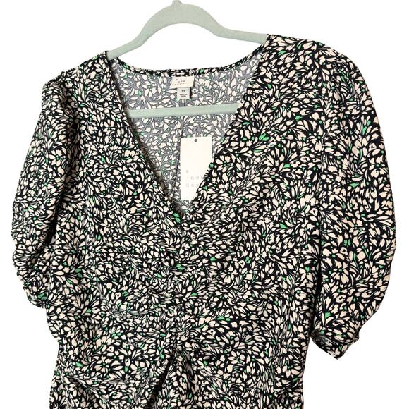 A New Day Floral Short Puff Sleeve Crepe Midi Dress Size XL Black Off-White New - Picture 3 of 9